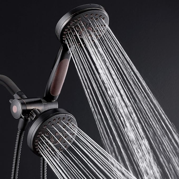 High Pressure 48-mode Luxury 3-way Combo – Dual Rain & Handheld Shower Head – 6 Foot Stainless Steel Hose – Anti Slip Grip – All Oil Rubbed Bronze Finish – Top US Brand – Extra Wall Bracket