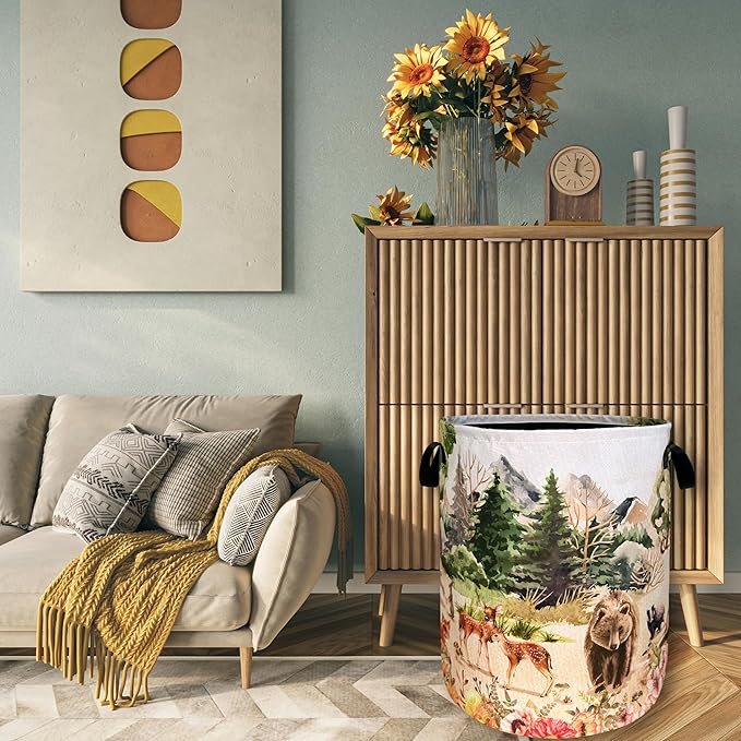 Watercolor Animals Laundry Hamper With Handles Foldable Oxford Cloth Animal Bear Deer Tote Bag Funny Laundry Basket Clothes Toy Storage Bucket Men Women 18.9" x 16.5" For Bathroom/Laundry/Bedroom