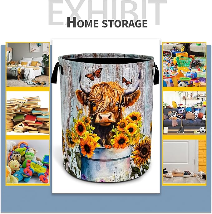 Highland Cow Sunflower Laundry Basket Animal Foldable Oxford Cloth Funny Tote Bag Laundry Hamper Clothes Storage Bucket Toy Organizer For Bathroom/Laundry Storage/Bedroom 18.9x16.5 Inch