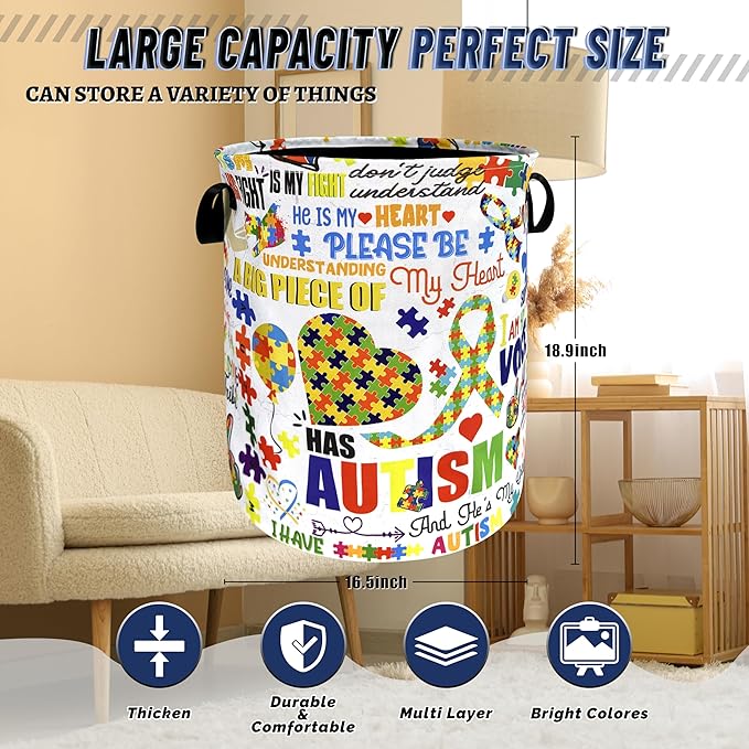 Autism Awareness Ribbon Laundry Hamper Oxford Cloth Funny Autism Laundry Basket With Handle Portable Clothes Storage Basket Foldable Laundry Bag 18.9"x16.5" For Laundry Room/Bedroom/Bathrooms