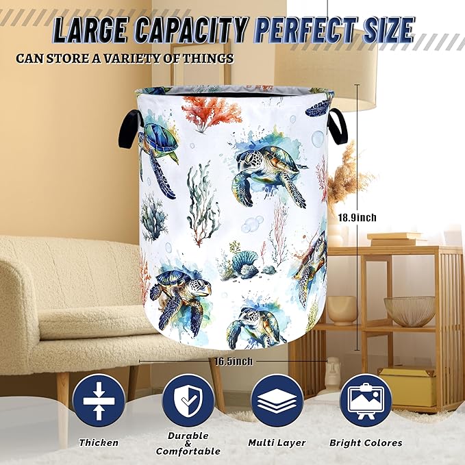 Sea Turtles Laundry Basket Foldable Ocean Animal Turtle Laundry Hamper With Handle Oxford Cloth Portable Clothes Storage Organizer Basket 18.9"x16.5" Laundry Bag For Laundry Room/Bedroom/Bathrooms