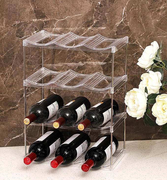 IEEK Plastic Stackable Bottle Storage Holder Rack,Free-Standing Water Bottle/Wine and Drink Organizer Shelf for Kitchen Cabinet,Fridge,Countertop,Pantry,Freezer,2 TiersX3 Bottles,Clear