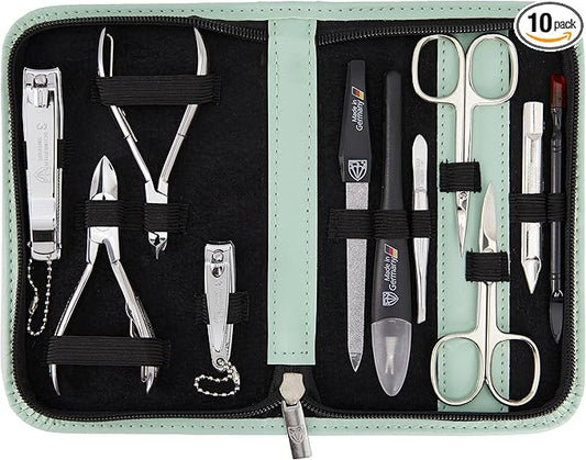 3 Swords Germany - brand quality 10 piece manicure pedicure grooming kit set for nail care scissors clipper mint synthetic leather case - Made by 3 Swords