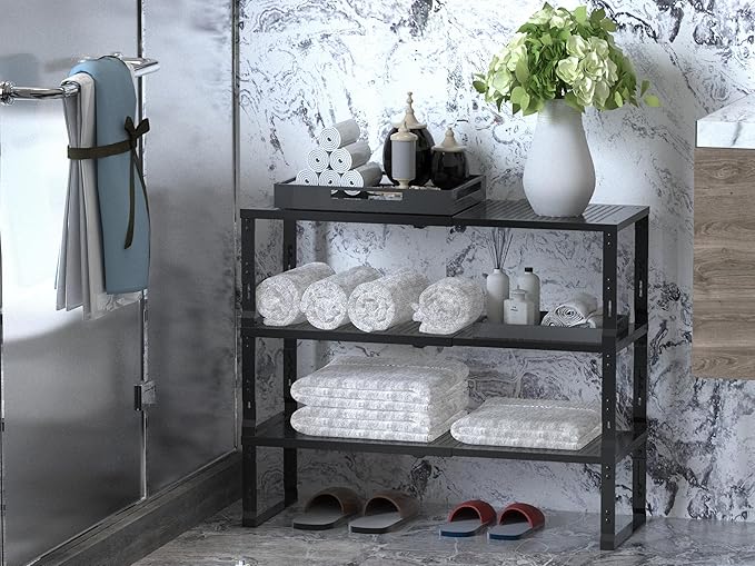 Adjustable Expanable Stackable Spice Rack Shelf Pantry Storage Organizer for Kitchen Cabinet,Countertop,Bathroom and More.Space is no Longer Limited(3Packs/Black/Medium)