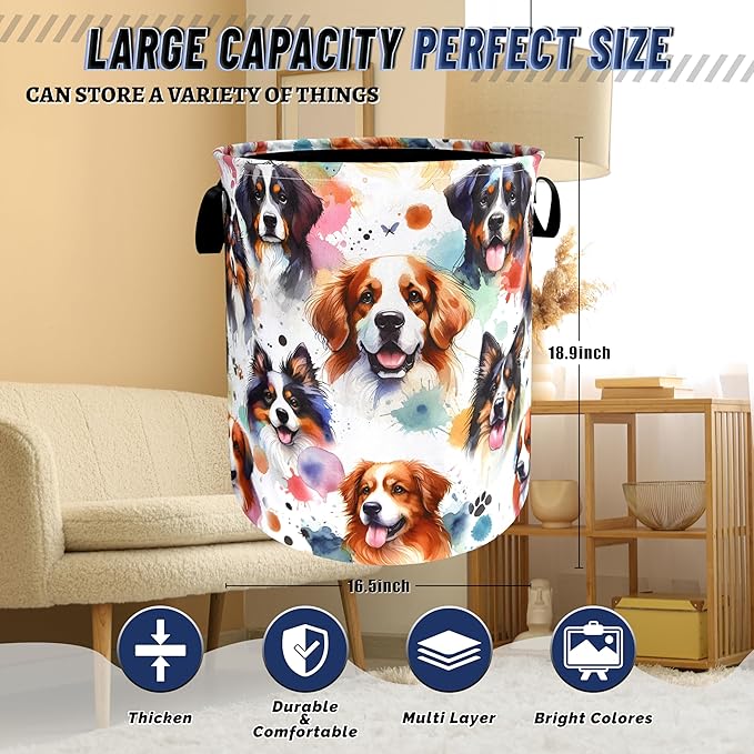 Watercolor Dogs Print Laundry Hamper Oxford Cloth Animals Paws Funny Dogs Laundry Basket With Handle Portable Clothes Storage Basket Foldable Laundry Bag 18.9"x16.5" For Laundry Room/Bedroom/Bathroom