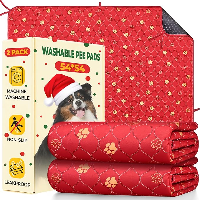 Fostanfly Washable Pee Pads for Dogs, 2 Pack 54"x54" Reusable Extra Large Ultra-Absorbent Non-Slip Leak-Proof Potty Training Pads for Puppy & Whelping, Christmas & New Year's Essential for Dogs, Red