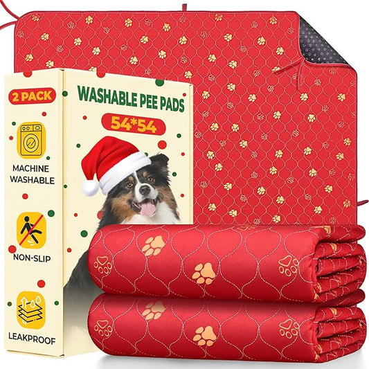 Fostanfly Washable Pee Pads for Dogs, 2 Pack 54"x54" Reusable Extra Large Ultra-Absorbent Non-Slip Leak-Proof Potty Training Pads for Puppy & Whelping, Christmas & New Year's Essential for Dogs, Red