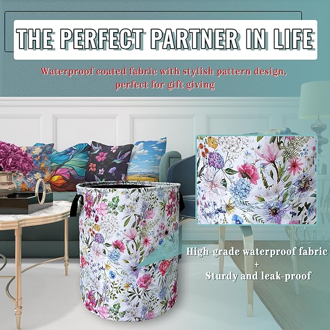 Watercolor Flower Floral Laundry Basket Foldable With Handles Tote Bag Oxford Cloth Colorful Laundry Hamper Clothes Storage Bucket Toy Organizer 18.9" x 16.5" For Bathroom/Laundry/Bedroom