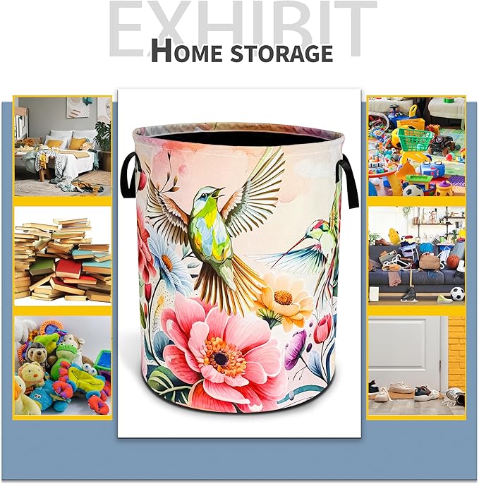 Hummingbird Laundry Basket Beautiful Bird Flower Foldable Oxford Cloth Funny Tote Bag Laundry Hamper Clothes Storage Bucket Toy Organizer For Bathroom/Laundry Storage/Bedroom 18.9x16.5 Inch