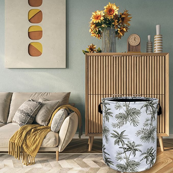 Tropical Palm Tree Laundry Basket Foldable With Handles Tote Bag Oxford Cloth Colorful Laundry Hamper 18.9"x16.5 "Clothe Storage Bucket Toy Organizer For Bathroom/Laundry/Bedroom