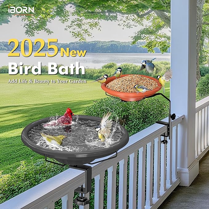 iBorn Bird Bath,Deck Mounted Bird Baths 12inch,Birdbath for Outside with Clamp 3.2inch,BPA-Free Bowl,Chew-Proof,Fully Detachable Design,Easy Clean & Refill,Gray,1 Pack（Not Include Fountain）