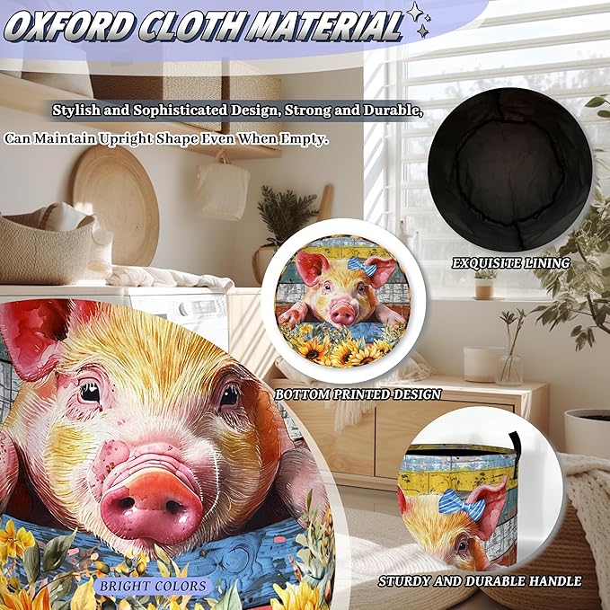 Cute Pig Laundry Basket Foldable Floral Sunflowers Animal Laundry Hamper With Handle Oxford Cloth Portable Clothes Storage Organizer Basket 18.9"x16.5" Laundry Bag For Laundry Room/Bedroom/Bathrooms
