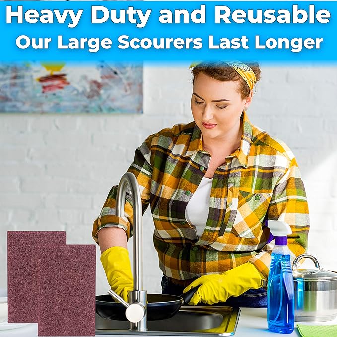 Heavy Duty XL Red Scouring Pads. 6x9 in 10 Pack of Scrubber Tools for Cleaning Stainless Steel Pots, Pans, Grills and Griddles. Extra Large Pad for Outdoor Use on Railings and Tiles.