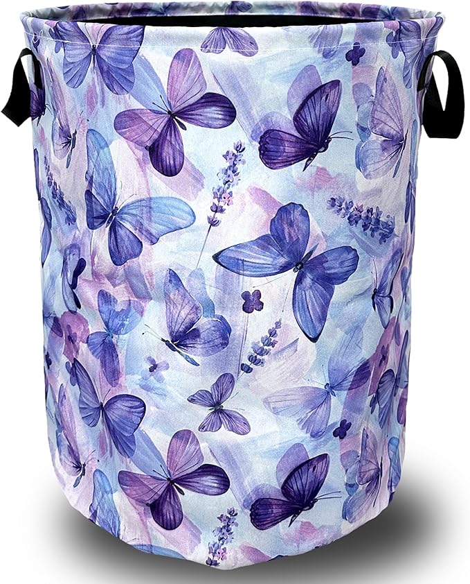 Blue Purple Butterfly Laundry Basket Foldable With Handles Tote Bag Oxford Cloth Colorful Laundry Hamper Clothes Storage Bucket Toy Organizer 18.9" x 16.5" For Bathroom/Laundry/Bedroom