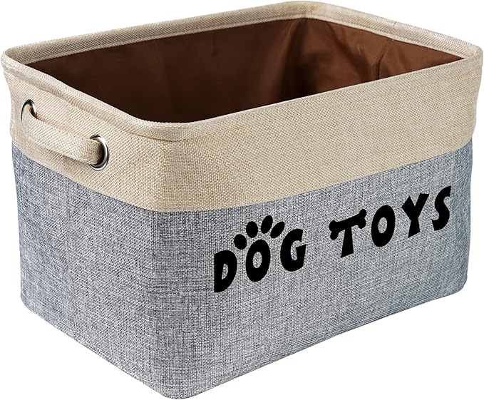 PET ARTIST Dog Toy Basket, Collapsible Dog Toy Bin Box with Comfortable Handles, Large Pet Toy Storage Basket Organizer for Accessories, Toys, Coat & Clothing, Blanket & Leash, Gray, 15"x11"x9"