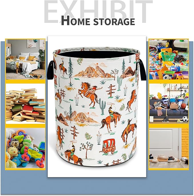 Western Cowboy Laundry Basket Horse Riding Foldable Waterproof Oxford Cloth Funny Tote Bag Laundry Hamper Clothes Storage Bucket Toy Organizer For Bathroom/Laundry Storage/Bedroom 18.9x16.5 Inch