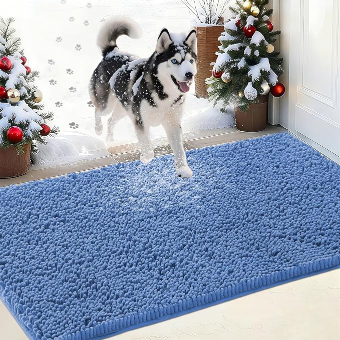IM HOME Chenille Absorbent Outdoor Doormat 36" x 24", Washable Muddy Door Mats for Dog Non Slip Indoor Doormat Dog Mat for Muddy Paw Front Inside Doormats for Entryway Cornflower Blue