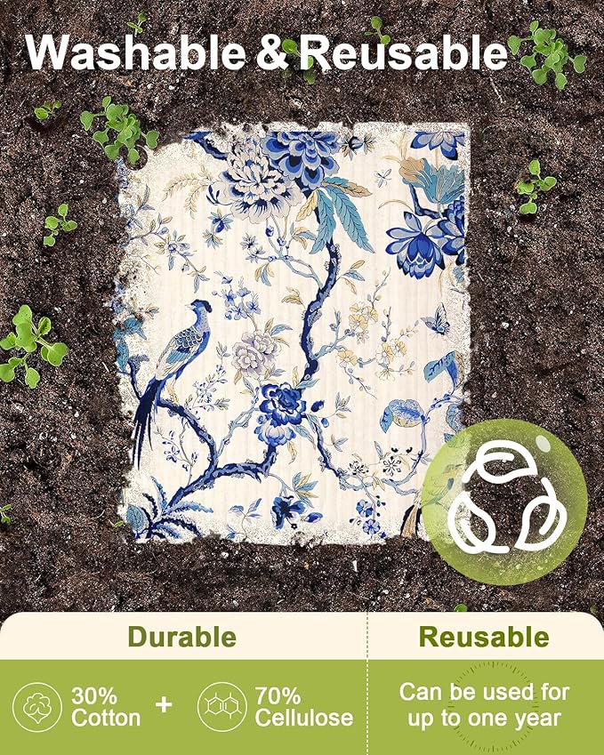 6 Pack Swedish Dishcloths for Kitchen - Reusable Dish Cloths for Washing Dishes Absorbent Cute Funny Kitchen Towels Cleaning Sponge, Blue Floral