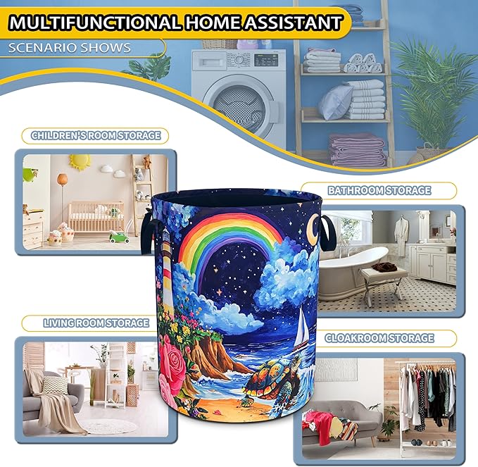 Beach Sea Turtle Laundry Basket Rainbow Lighthouse Foldable Waterproof Oxford Cloth Funny Tote Bag Laundry Hamper Clothes Storage Bucket Toy Organizer For Bathroom/Laundry Storage/Bedroom 18.9x16.5 In