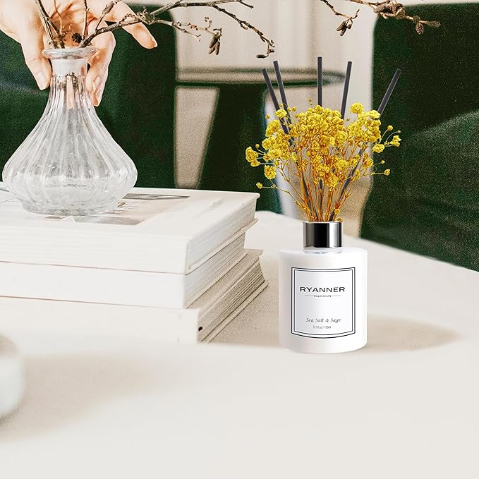 Reed Diffuser Set,5.1 fl oz Sea Salt&Sage Scent Diffuser with Sticks Home Fragrance Reed Diffuser with Essential Oil for Bathroom Shelf Decor&Air Freshener,Home Bathroom Office Decor & Gifts