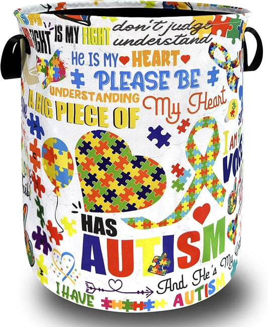 Autism Awareness Ribbon Laundry Hamper Oxford Cloth Funny Autism Laundry Basket With Handle Portable Clothes Storage Basket Foldable Laundry Bag 18.9"x16.5" For Laundry Room/Bedroom/Bathrooms