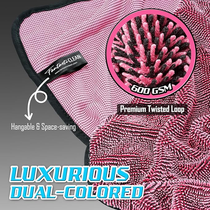 Fantasticlean Large Car Drying Towels- 2 Pack, 32‘’ by 24'' - Premium Microfiber Cleaning Cloth with Dual-Colored Twisted Loop, Ultra Absorbent, Scratch-Free for Instant Car Detailing (Pink)
