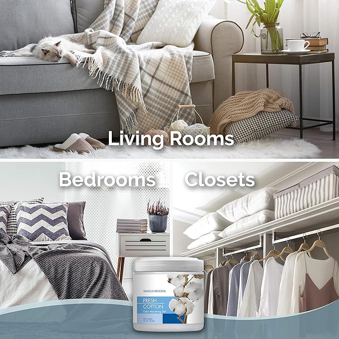 SMELLS BEGONE 15 oz Air Freshener Odor Absorber Gel - Absorbs Odor from Bathrooms, Cars, Pet Areas, Boats and RVs - Made with Essential Oils - Fresh Cotton Scent