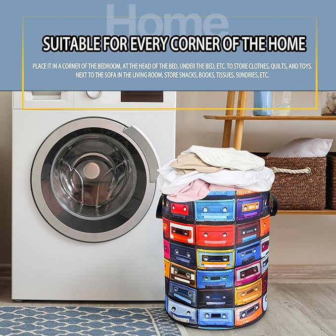 Vintage Cassette Music Tape Laundry Basket Foldable Oxford Cloth Funny Tote Bag Laundry Hamper Clothes Storage Bucket Toy Organizer For Bathroom/Laundry Storage/Bedroom 18.9x16.5 Inch