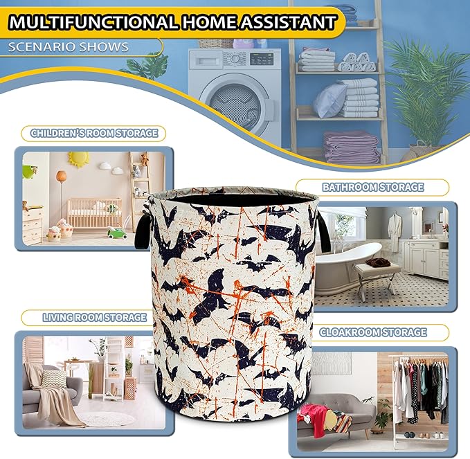 Bat Laundry Basket Goth Foldable Oxford Cloth Funny Tote Bag Laundry Hamper Clothes Storage Bucket Toy Organizer For Bathroom/Laundry Storage/Bedroom 18.9x16.5 Inch