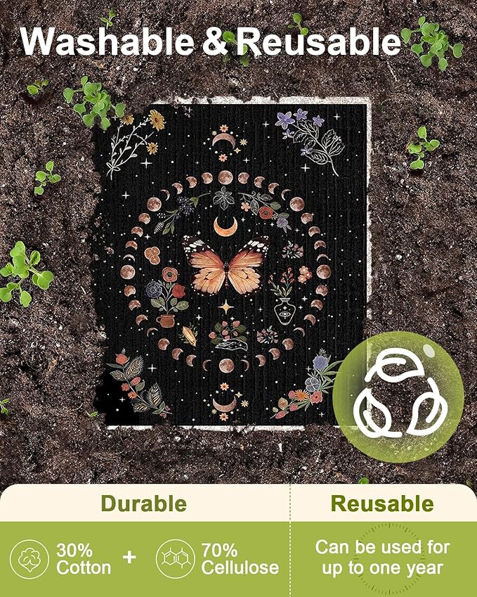 6 Pack Swedish Dishcloths for Kitchen - Reusable Dish Cloths for Washing Dishes Absorbent Cute Funny Kitchen Towels Cleaning Sponge, Moon Butterfly