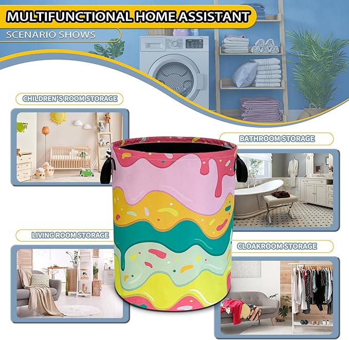 Ice Cream Laundry Basket Desserts Cartoon Pattern Foldable Oxford Cloth Funny Tote Bag Laundry Hamper Clothes Storage Bucket Toy Organizer For Bathroom/Laundry Storage/Bedroom18.9x16.5 In