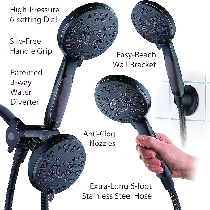 High Pressure 48-mode Luxury 3-way Combo – Dual Rain & Handheld Shower Head – 6 Foot Stainless Steel Hose – Anti Slip Grip – All Oil Rubbed Bronze Finish – Top US Brand – Extra Wall Bracket