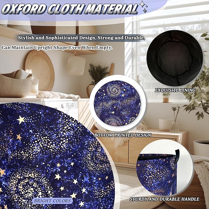 Blue Galaxy Laundry Basket Foldable Colorful Starry Sky Laundry Hamper With Handle Oxford Cloth Portable Clothes Storage Organizer Basket 18.9"x16.5" Laundry Bag For Laundry Room/Bedroom/Bathrooms