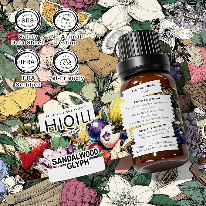 HIQILI Diffuser Oil for Humidifier & Reed Diffusers, Suitable for Home and Other Scenarios, Long Lasting Scent - Sandalwood Glyph, 0.34 Fl Oz