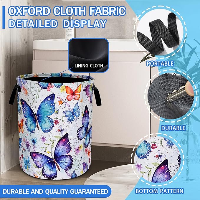 Beautiful Butterfly Laundry Basket Oxford Cloth Funny Butterflies Laundry Hamper With Handle Foldable Portable Clothes Storage Basket 18.9 X 16.5 In Storage Bag For Laundry Room/Bathroom/Bedroom