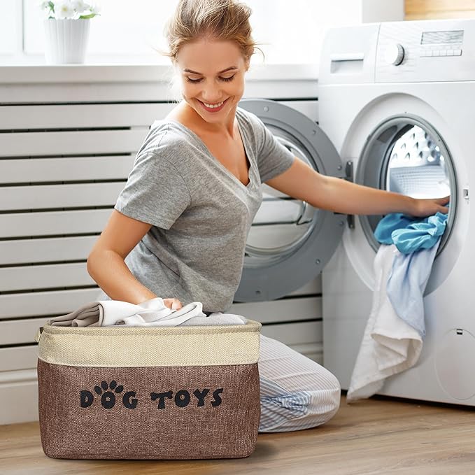 PET ARTIST Dog Toy Basket, Collapsible Dog Toy Bin Box with Comfortable Handles, Large Pet Toy Storage Organizer for Accessories, Toys, Coat & Clothing, Blanket & Leash, Brown, 15"x11"x9"