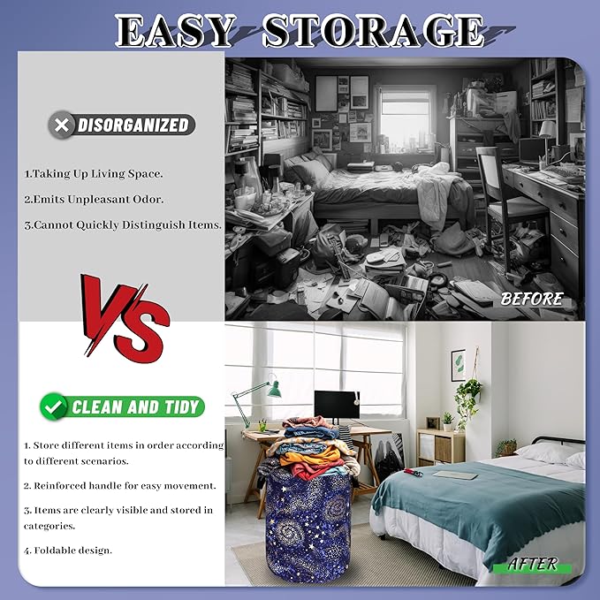 Blue Galaxy Laundry Basket Foldable Colorful Starry Sky Laundry Hamper With Handle Oxford Cloth Portable Clothes Storage Organizer Basket 18.9"x16.5" Laundry Bag For Laundry Room/Bedroom/Bathrooms