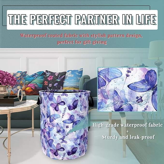 Blue Purple Butterfly Laundry Basket Foldable With Handles Tote Bag Oxford Cloth Colorful Laundry Hamper Clothes Storage Bucket Toy Organizer 18.9" x 16.5" For Bathroom/Laundry/Bedroom