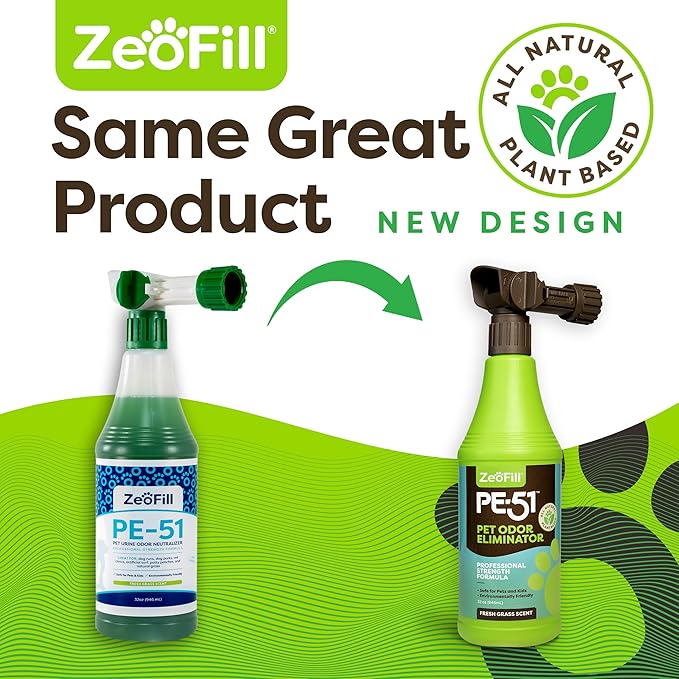 Zeofill PE-51 Pet Odor Eliminator – Urine Odor Neutralizer with Max Flow Garden Hose Spray Nozzle | Pet, Turf & Yard Smell Remover | Cat & Dog Pee Deodorizer Spray | All Natural Enzymes | 32oz Bottle