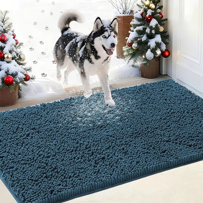 IM HOME Chenille Absorbent Outdoor Doormat 48" x 30", Washable Muddy Door Mats for Dog Non Slip Indoor Doormat Dog Mat for Muddy Paw Front Inside Doormats for Entryway Atlantic Blue