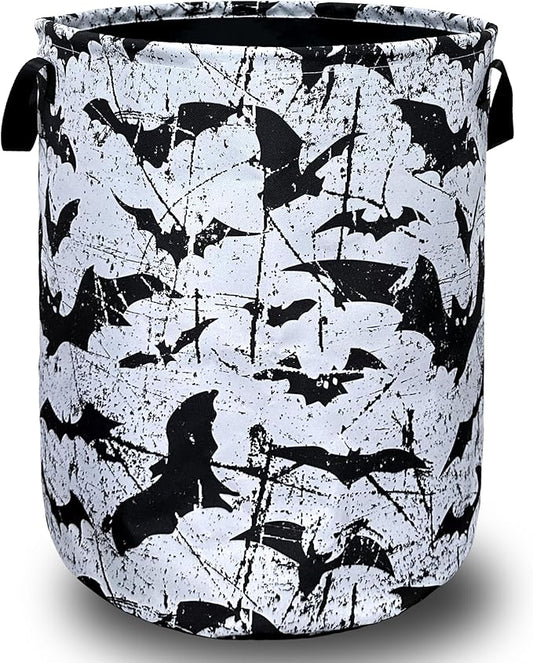 Black White Bats Laundry Basket Foldable With Handles Universal Tote Bag Oxford Cloth Funny Laundry Hamper 18.9" x 16.5" Clothes Storage Bucket Toy Organizer For Bathroom/Laundry/Bedroom