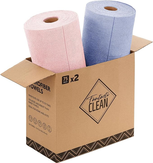 Fantasticlean Microfiber Cleaning Cloth Roll -150 Pack, Tear Away Microfiber Towels, 12" x 12", Reusable, Washable, Ultra Absorbent Dishcloth for Home Supplies, Car, Pet, Kitchen (Pink & Lavender)