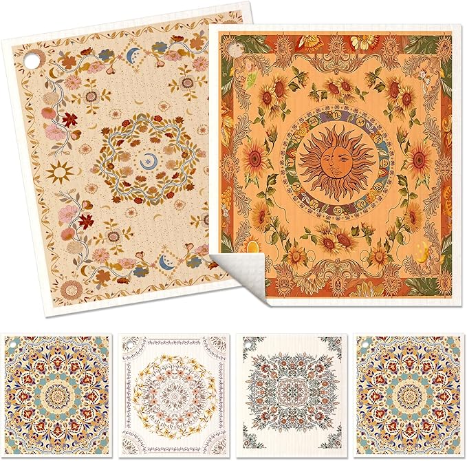 6 Pack Swedish Dishcloths for Kitchen - Reusable Dish Cloths for Washing Dishes Absorbent Cute Funny Kitchen Towels Cleaning Sponge, Bohemi