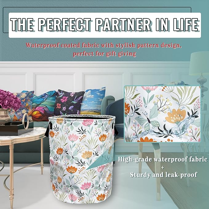 Beautiful Floral Laundry Basket Foldable With Handles Tote Bag Oxford Cloth Colorful Flowers Laundry Hamper Clothes Storage Bucket Toy Organizer 18.9" x 16.5" For Bathroom/Laundry/Bedroom