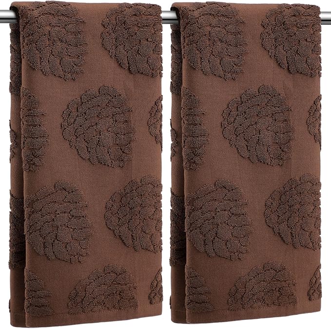 2 Pcs 3D Pine Cones Hand Towels for Bathroom Decor, Chocolate Brown Christmas Pinecone 100% Cotton Absorbent Jacquard Weave Decorative Towels for Bathroom Kitchen, 13.7 x 29.5 Inch