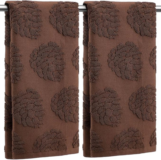 2 Pcs 3D Pine Cones Hand Towels for Bathroom Decor, Chocolate Brown Christmas Pinecone 100% Cotton Absorbent Jacquard Weave Decorative Towels for Bathroom Kitchen, 13.7 x 29.5 Inch