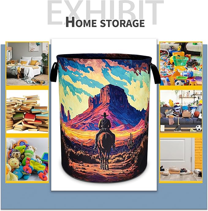Western Cowboy Laundry Basket Desert Mountains Foldable Oxford Cloth Funny Tote Bag Laundry Hamper Clothes Storage Bucket Toy Organizer For Bathroom/Laundry Storage/Bedroom 18.9x16.5 Inch