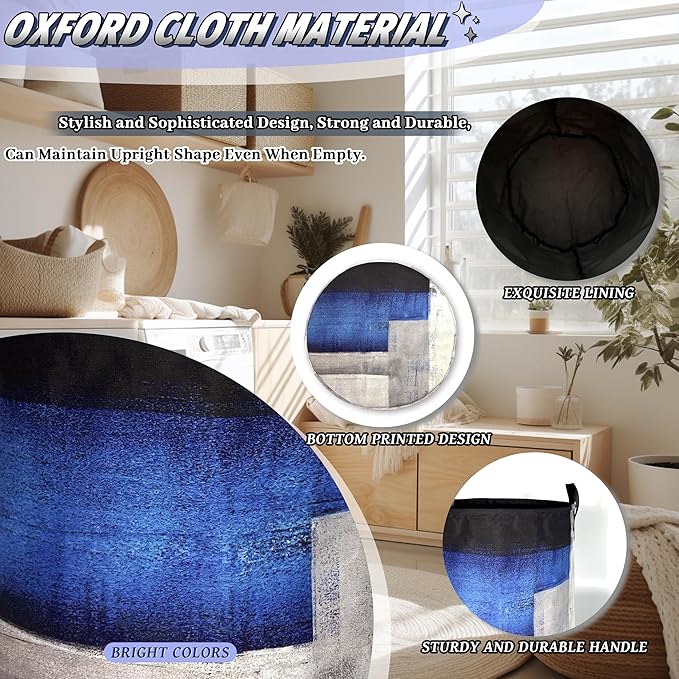 Abstract Blue Grey Striped Laundry Basket Foldable Colorful Laundry Hamper With Handle Oxford Cloth Portable Clothes Storage Organizer Basket 18.9"x16.5"Laundry Bag For Laundry Room/Bedroom/Bathrooms