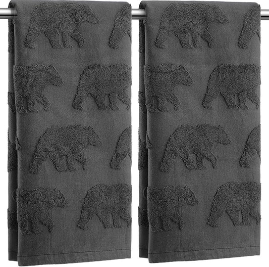 2 Pcs Bear Jacquard Hand Towels for Bathroom Charcoal Dark Gray Hand Towels 100% Cotton Absorbent Decorative Weave Neutral Bathroom Decor, 13.7 x 29.5 Inch