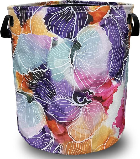 Abstract Watercolor Floral Laundry Basket Foldable With Handles Tote Bag Oxford Cloth Flowers Laundry Hamper Clothes Storage Bucket Toy Organizer 18.9" x 16.5" For Bathroom/Laundry/Bedroom